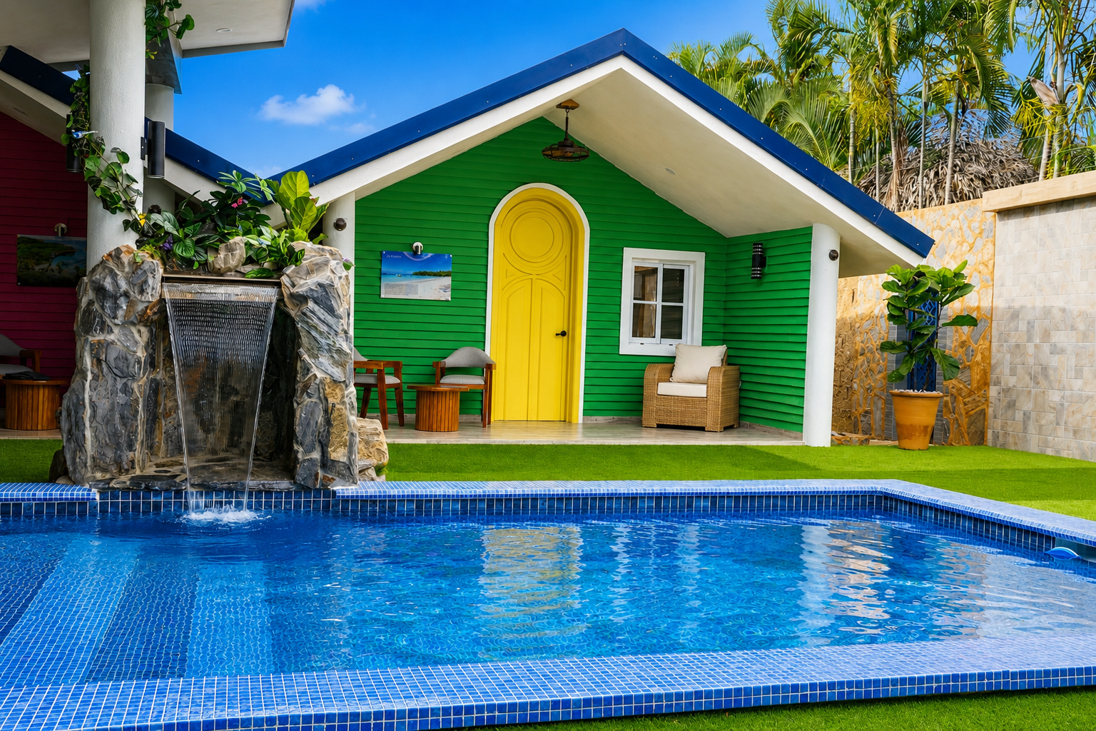 Casita Verde, vista de la piscina y jardín